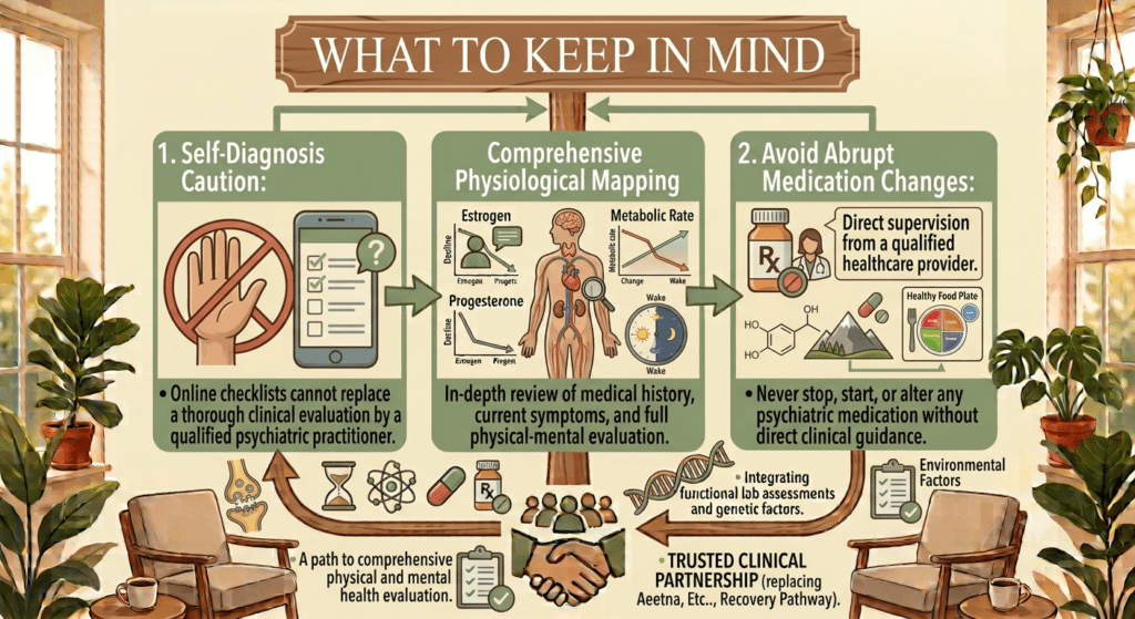 An educational infographic titled "WHAT TO KEEP IN MIND," rendered in a soothing sage green, cream, brown, and terracotta color scheme, set in a sunlit room with multi-paned windows, armchairs with coffee cups, and terracotta potted houseplants. The graphic is structured into three main panels with connecting flow arrows and a bottom feedback loop.Left Panel (1. Self-Diagnosis Caution): Shows a stop hand icon and a smartphone displaying an online questionnaire with a question mark. Bullet point text reads: "• Online checklists cannot replace a thorough clinical evaluation by a qualified psychiatric practitioner."Center Panel (Comprehensive Physiological Mapping): Displays anatomical charts, hormone graphs for estrogen and progesterone, metabolic rate charts, and a 24-hour day/night cycle diagram. Text below reads: "In-depth review of medical history, current symptoms, and full physical-mental evaluation."Right Panel (2. Avoid Abrupt Medication Changes): Displays a prescription bottle with a clinician speech bubble stating "Direct supervision from a qualified healthcare provider," chemical structures, a mountain landscape, and a "Healthy Food Plate" icon. Bullet point text reads: "• Never stop, start, or alter any psychiatric medication without direct clinical guidance."Bottom Section: Interconnecting arrows link small icons (hourglass, atom, pill, Rx bottle, DNA strand) to a central handshake icon beneath a group of figures. Text blocks read "A path to comprehensive physical and mental health evaluation," "Integrating functional lab assessments and genetic factors," and "TRUSTED CLINICAL PARTNERSHIP."