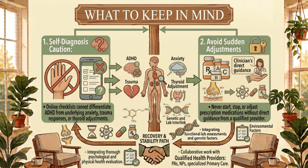 An educational healthcare infographic titled "WHAT TO KEEP IN MIND," set in a bright, sunlit room with multi-paned windows, comfortable armchairs with coffee cups, and terracotta potted plants (Fiddle Leaf Fig and Monstera). The poster uses a calming color palette of sage green, cream, warm brown, and terracotta, divided into two primary caution panels connected by a central diagnostic flow and lower feedback loop.Left Panel (1. Self-Diagnosis Caution): Features a large stop hand icon next to a smartphone displaying an online checklist with red "X" and question mark icons. Arrows point from the phone to diagrams labeled "ADHD" (brain icon), "Trauma" (broken heart icon), "Anxiety" (clouded brain icon), and "Thyroid Adjustment" (gland model icon). Bullet point text below reads: "• Online checklists cannot differentiate ADHD from underlying anxiety, trauma responses, or thyroid adjustments."Central Diagnostic Flow: Features a full human anatomy diagram surrounded by a dopamine chemical formula and a DNA strand labeled "Genetic and Lab Interlink."Right Panel (2. Avoid Sudden Adjustments): Features a lock and key icon, prescription pill bottles labeled A, B, and C, and a clinician offering medication under a speech bubble reading "Clinician's direct guidance." Additional icons include a neurotransmitter synapse, an atom, a pill, and an Rx bottle. Bullet point text below reads: "• Never start, stop, or adjust prescription medications without direct guidance from a qualified provider."Bottom Section: Interconnecting feedback arrows contain icons for a synapse, hourglass, atom, capsule, Rx bottle, DNA strand, and clipboard checklist for "Environmental Factors." The arrows lead to a central handshake icon labeled "RECOVERY & STABILITY PATH." Surrounding text blocks read: "• Integrating thorough psychological and physical health evaluation," "• Integrating functional lab assessments and genetic factors," and "• Collaborative work with Qualified Health Providers: PAs, NPs, specialized Primary Care."