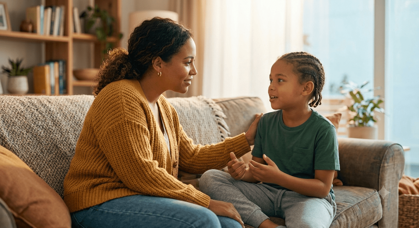 Parent and child in a warm conversation at home, representing whole-family psychiatric support