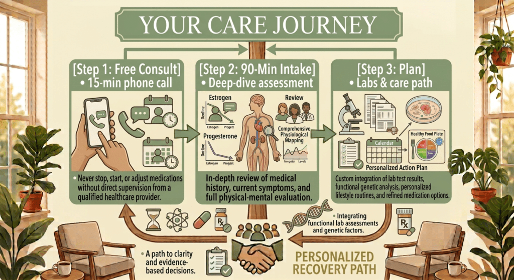 An informational infographic titled "YOUR CARE JOURNEY," set in a sunlit room featuring multi-paned windows, potted houseplants, and two armchairs with coffee cups. The design uses a color scheme of sage green, brown, cream, and terracotta, outlining a three-step medical care pathway connected by sequential green arrows. Step 1 (Left Panel): Titled "[Step 1: Free Consult] • 15-min phone call," showing illustrations of a hand holding a smartphone, speech bubbles, calendars, and a telephone receiver. A bullet point at the bottom reads: "Never stop, start, or adjust medications without direct supervision from a qualified healthcare provider." Step 2 (Center Panel): Titled "[Step 2: 90-Min Intake] • Deep-dive assessment," containing anatomical diagrams, hormone level charts for estrogen and progesterone, and an illustration of a medical team labeled "Review" and "Comprehensive Physiological Mapping." A text block below notes: "In-depth review of medical history, current symptoms, and full physical-mental evaluation." Step 3 (Right Panel): Titled "[Step 3: Plan] • Labs & care path," showing illustrations of a microscope, medical report documents, a petri dish, a calendar labeled "Personalized Action Plan," and a "Healthy Food Plate" diagram. The description below reads: "Custom integration of lab test results, functional genetic analysis, personalized lifestyle routines, and refined medication options." Bottom Elements: The lower section includes interconnected feedback arrows, a DNA strand, a prescription bottle, an hourglass, an atom, and a central handshake icon beneath a diverse group of people. Text blocks read "A path to clarity and evidence-based decisions" and "Integrating functional lab assessments and genetic factors," anchored at the bottom center by the title "PERSONALIZED RECOVERY PATH."