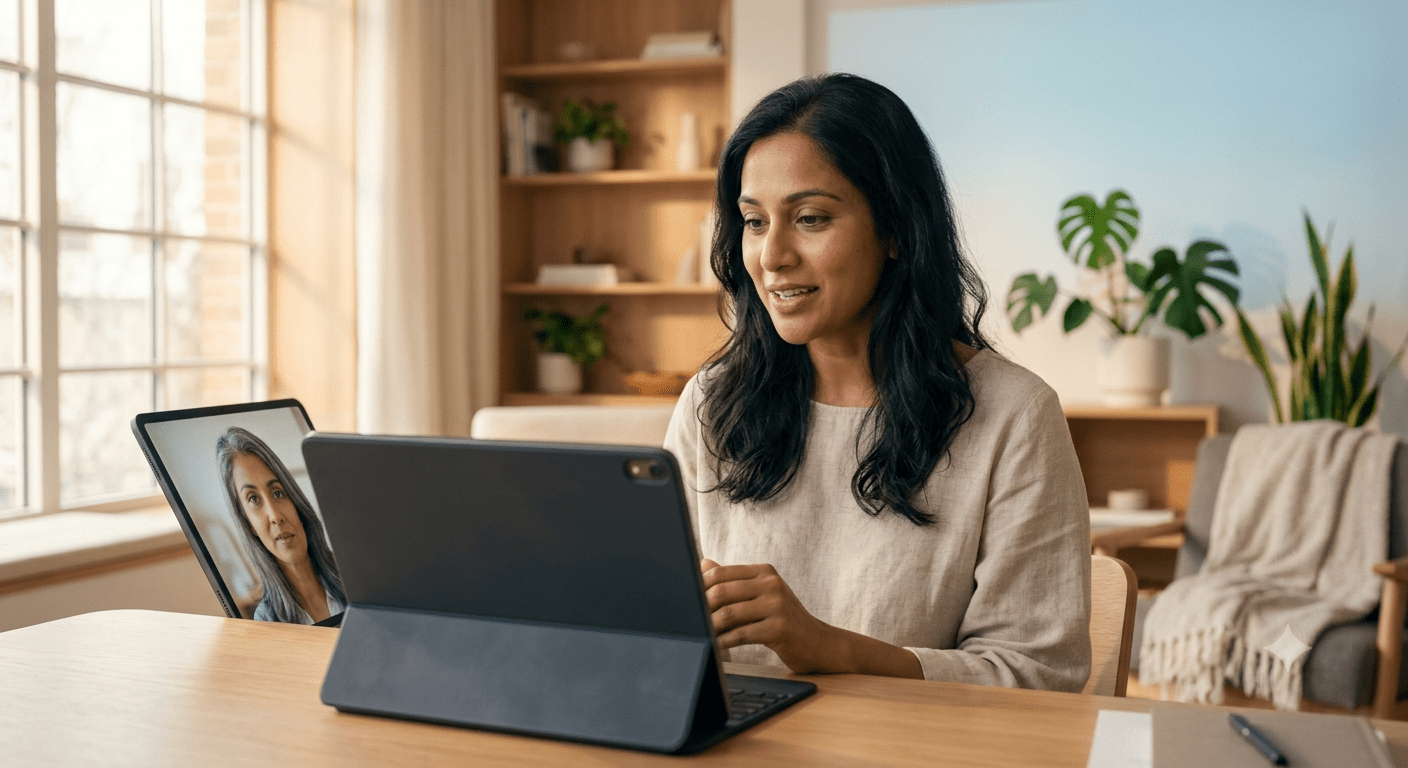 Woman engaged in a calm, supportive mental health consultation