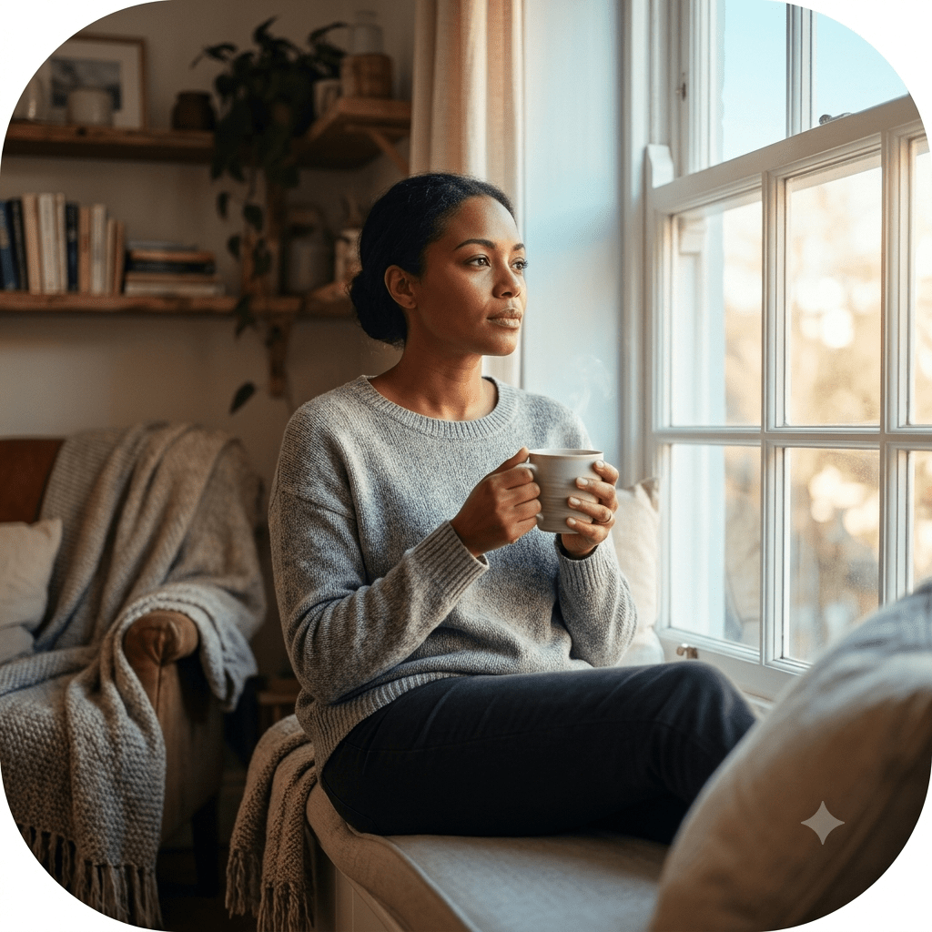 Woman sitting quietly at home, representing the quiet overwhelm many women experience without visible crisis