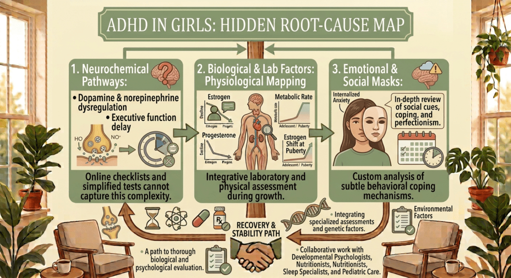 An educational infographic titled "ADHD IN GIRLS: HIDDEN ROOT-CAUSE MAP," set in a bright, sunlit room featuring multi-paned windows, comfortable armchairs with coffee cups, and potted houseplants in terracotta pots. The design uses a color scheme of sage green, cream, brown, and terracotta, outlining three primary root-cause domains connected by sequential green arrows.Left Panel (1. Neurochemical Pathways): Features a brain icon with a question mark, a synapse neurotransmitter diagram, and a clock icon with an 'X'. Text details: "• Dopamine & norepinephrine dysregulation" and "• Executive function delay." A text block below reads: "Online checklists and simplified tests cannot capture this complexity."Center Panel (2. Biological & Lab Factors: Physiological Mapping): Features anatomical diagrams, charts showing "Estrogen" and "Progesterone" drops, a "Metabolic Rate" graph during adolescence/puberty, and an "Estrogen Shift at Puberty" chart. Text block below reads: "Integrative laboratory and physical assessment during growth."Right Panel (3. Emotional & Social Masks): Features an illustration of a young woman holding a neutral mask away from her face to reveal an anxious expression labeled "Internalized Anxiety," alongside a calendar and clock icon. A speech bubble notes: "In-depth review of social cues, coping, and perfectionism." A text block below reads: "Custom analysis of subtle behavioral coping mechanisms."Bottom Section: Interconnecting feedback arrows display icons for a synapse, hourglass, atom, pill, Rx bottle, and DNA helix. A central handshake icon sits beneath the label "RECOVERY & STABILITY PATH." Surrounding text blocks detail "A path to thorough biological and psychological evaluation," "Integrating specialized assessments and genetic factors," "Environmental Factors," and "Collaborative work with Developmental Psychologists, Nutritionists, Sleep Specialists, and Pediatric Care."