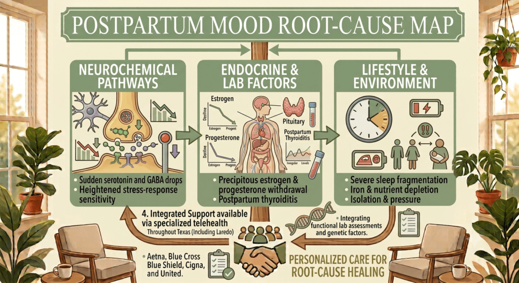 A detailed infographic titled "POSTPARTUM MOOD ROOT-CAUSE MAP," set within a sunlit room with multi-paned windows, two comfortable armchairs with coffee cups, and numerous potted houseplants in terracotta pots (e.g., Fiddle Leaf Figs, Monsteras). The graphic uses a clean, illustrative style with connected text panels and diagrams, and a cohesive color palette of green, brown, cream, and terracotta.Main Root-Cause Panels:Panel 1 (Left): "NEUROCHEMICAL PATHWAYS" detailing "Sudden serotonin and GABA drops" and "Heightened stress-response sensitivity." Diagrams show a detailed neural synapse with neurotransmitter molecules, and graphs of decreasing levels. An arrow points from this panel.Panel 2 (Center): "ENDOCRINE & LAB FACTORS" detailing "Precipitous estrogen & progesterone withdrawal" and "Postpartum thyroiditis." Diagrams show graphs for Estrogen and Progesterone decline, a human anatomy chart, and labels for the Pituitary, Thyroiditis, and Irregular Levels. An arrow flows into and out of this central panel.Panel 3 (Right): "LIFESTYLE & ENVIRONMENT" detailing "Severe sleep fragmentation," "Iron & nutrient depletion," and "Isolation & pressure." Diagrams show a clock face, a battery icon, and a network of figures. Below this panel, text details: "Genetic and full-system panel testing to metabolic function, genetic pathways, and personalized health factors." A checklist icon is nearby.Flow & Connections:The three main panels are linked sequentially by large green arrows, creating a cycle.Interconnecting feedback arrows form loops around the central elements.Icons within the flow include: an hourglass, a pill and Rx bottle, a small diagram of a human anatomy model, and a atom symbol.Bottom Elements:Below Left: Feedback arrows connect to text: "4. Integrated Support available via specialized telehealth Throughout Texas (Including Laredo)." A list names insurance providers: "Aetna, Blue Cross Blue Shield, Cigna, and United." A checklist icon is nearby.Central Bottom: The feedback arrows lead to a large central handshake icon.Below Right: The text "PERSONALIZED CARE FOR ROOT-CAUSE HEALING" is prominently displayed.