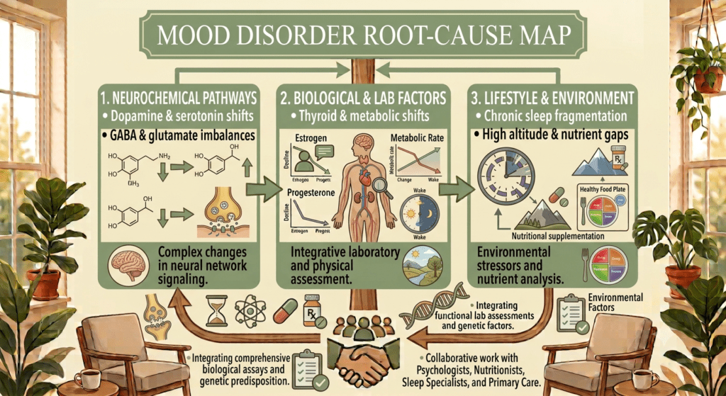 An illustrative infographic titled "MOOD DISORDER ROOT-CAUSE MAP," set within a sunlit room featuring large multi-paned windows, comfortable armchairs with coffee cups, and numerous houseplants in terracotta pots. The graphic is organized into three interconnected columns with sequential arrows, illustrating root-cause categories.Left Column (1): Titled "1. NEUROCHEMICAL PATHWAYS" with text detailing "• Dopamine & serotonin shifts" and "• GABA & glutamate imbalances." Below, illustrative diagrams show neurotransmitter chemical structures, a neural synapse release, and a text card with: "Complex changes in neural network signaling." A stylized brain icon is at the bottom.Center Column (2): Titled "2. BIOLOGICAL & LAB FACTORS" with text detailing "• Thyroid & metabolic shifts." It features anatomical diagrams (including glands and heart), charts with decreasing levels for "Estrogen" and "Progesterone," a metabolic rate chart, and a 24-hour day/night cycle clock with sun and moon. Below, a text card with: "Integrative laboratory and physical assessment." An outdoor view through the windows frames these elements.Right Column (3): Titled "3. LIFESTYLE & ENVIRONMENT" with text detailing "• Chronic sleep fragmentation" and "• High altitude & nutrient gaps." Diagrams show a complex sleep cycle clock with fragmented segments, a mountain range, a pill and Rx bottle, a text card with "Nutritional supplementation," and a "Healthy Food Plate" icon. Below, a text card with: "Environmental stressors and nutrient analysis."Bottom Elements: A large loop with small detailed icons for an hourglass, atom, pill, Rx bottle, and DNA helix. Arrows form a feedback loop to the main columns. A central handshake icon under text which reads: "RECOVERY PATHWAY." Text blocks on either side detail insurance providers and collaborative health professionals: "Aetna, Blue Cross Blue Shield, Cigna, and United" and "• Collaborative work with Psychologists, Nutritionists, Sleep Specialists, and Primary Care." The overall graphic has a warm, natural, and professional illustrative style.