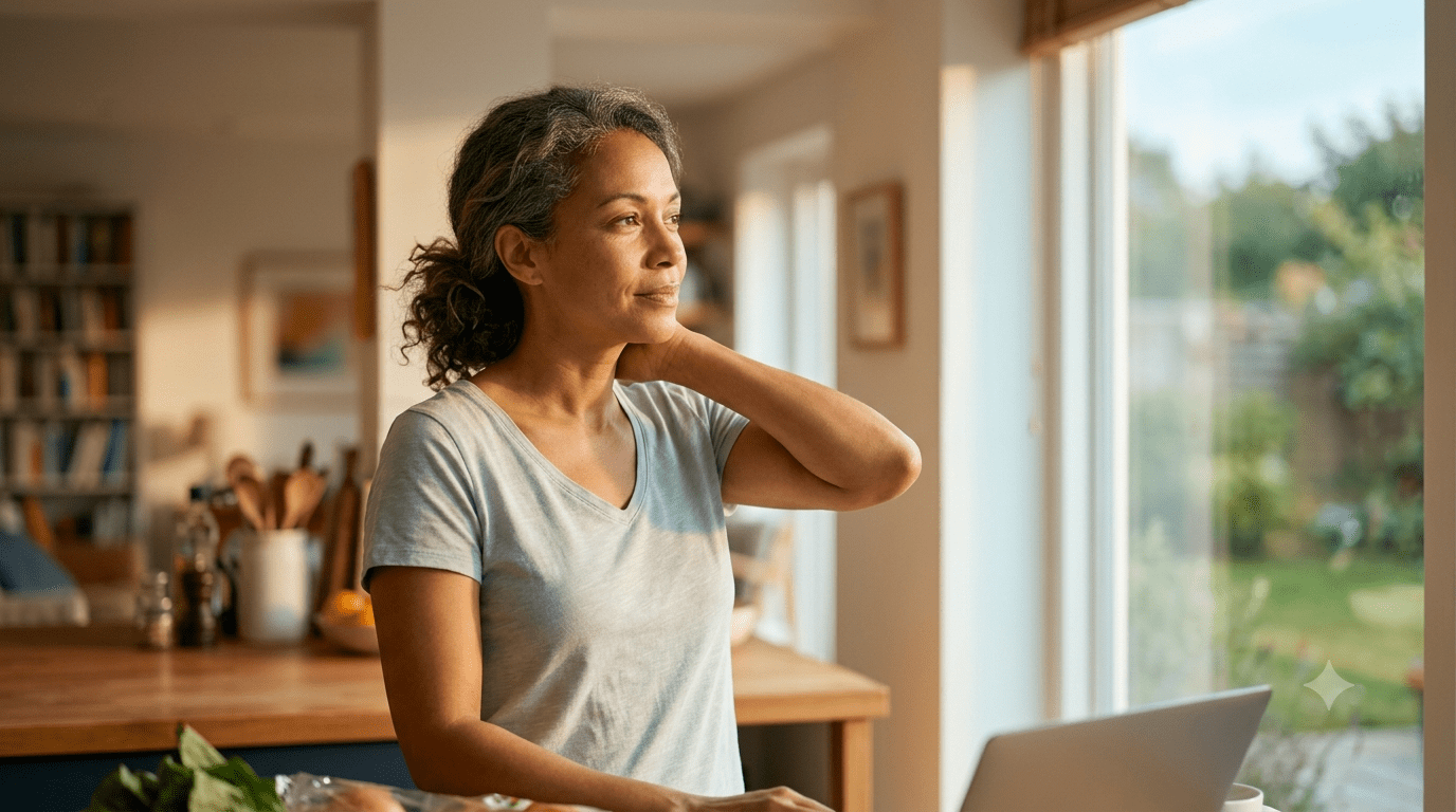 Woman pausing thoughtfully at home, representing the brain fog and emotional shifts of perimenopause