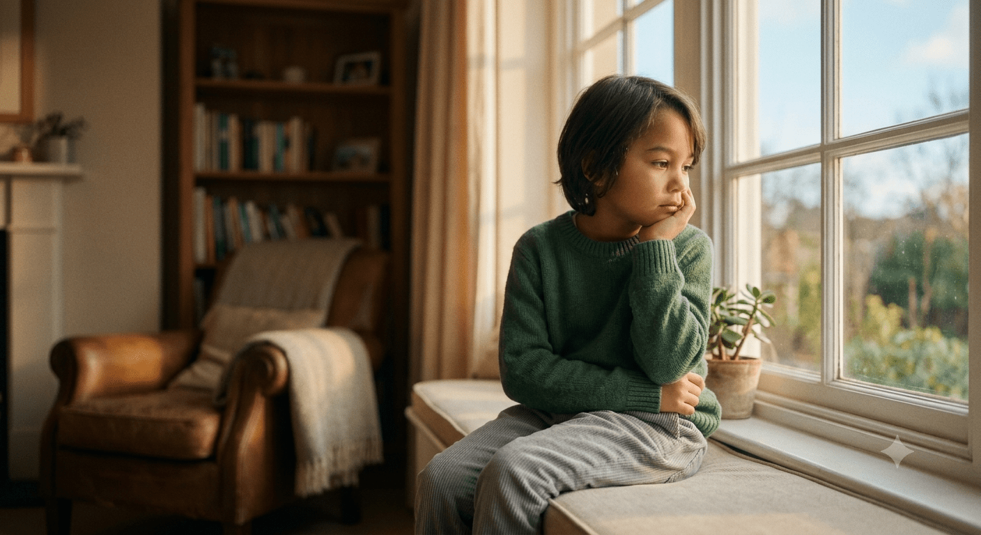 Child sitting quietly by a window, representing withdrawal and mood changes parents notice in kids