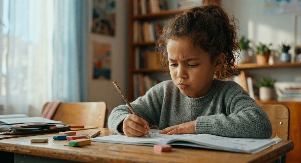 Child concentrating hard on schoolwork, representing kids who try their best but still struggle with ADHD symptoms