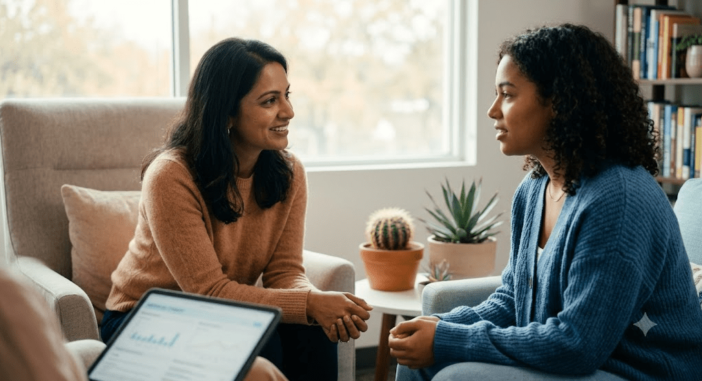 Provider having a thoughtful conversation with a patient during an ADHD evaluation