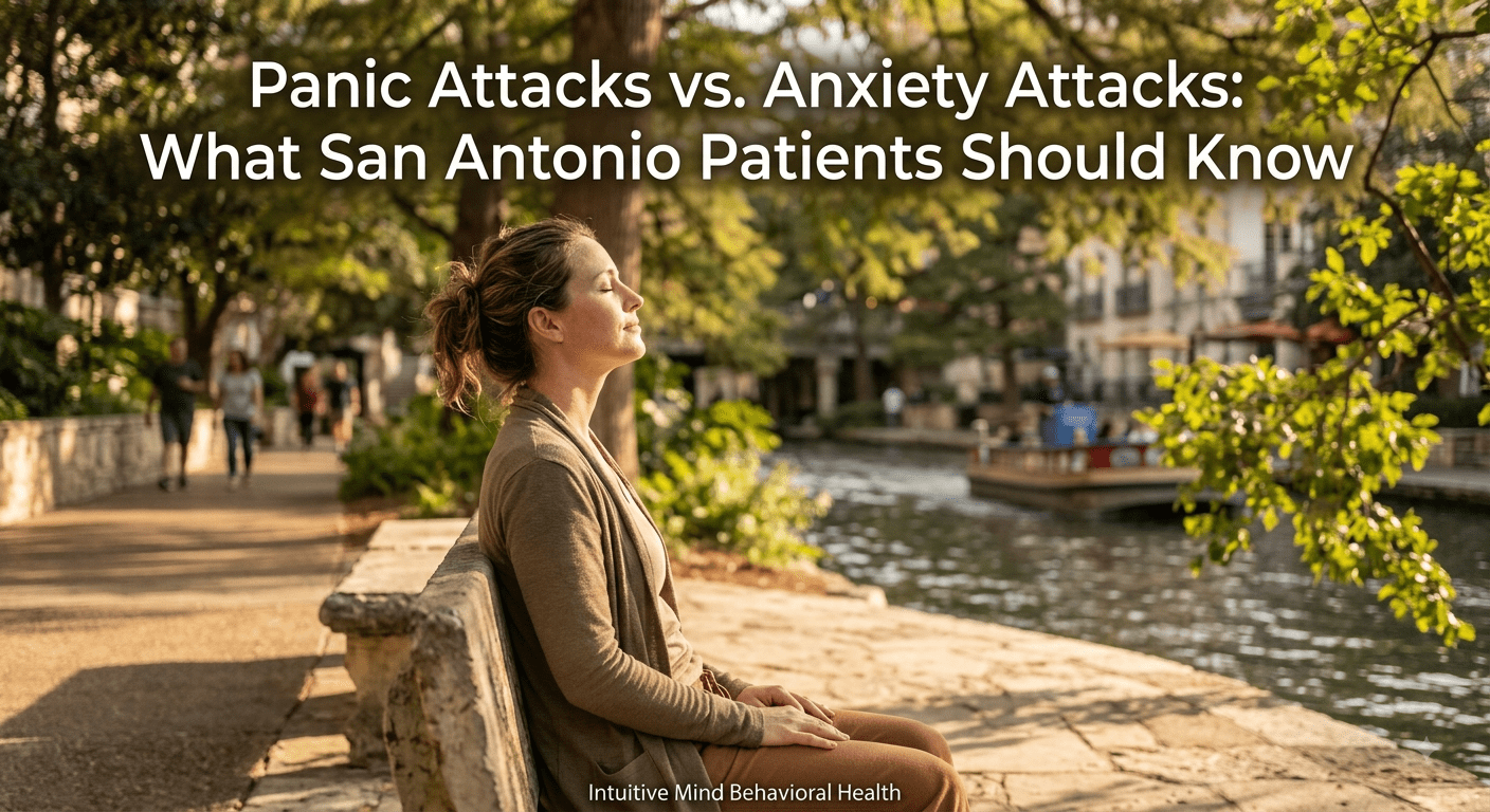 A woman with hair tied back and brown clothing sits peacefully on a stone bench along the lush, tree-lined San Antonio River Walk during late afternoon golden hour. She has her eyes closed and takes a deep breath, with warm sunlight highlighting her serene expression. The text overlay reads, "Panic Attacks vs. Anxiety Attacks: What San Antonio Patients Should Know" in the upper third, and a subtle footer displays "Intuitive Mind Behavioral Health". The background shows characteristic River Walk stone architecture and foliage, reflecting calm and nervous system balance.