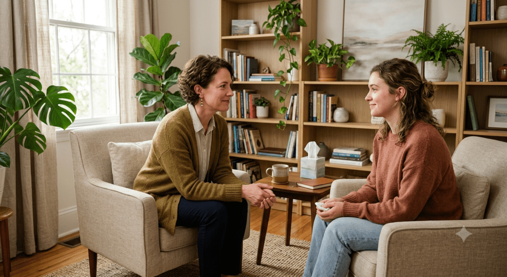Integrative psychiatric provider discussing postpartum depression San Antonio care options with a mother.