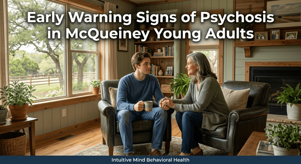 "Early warning signs of psychosis McQueeney guide illustrating young adult family support."