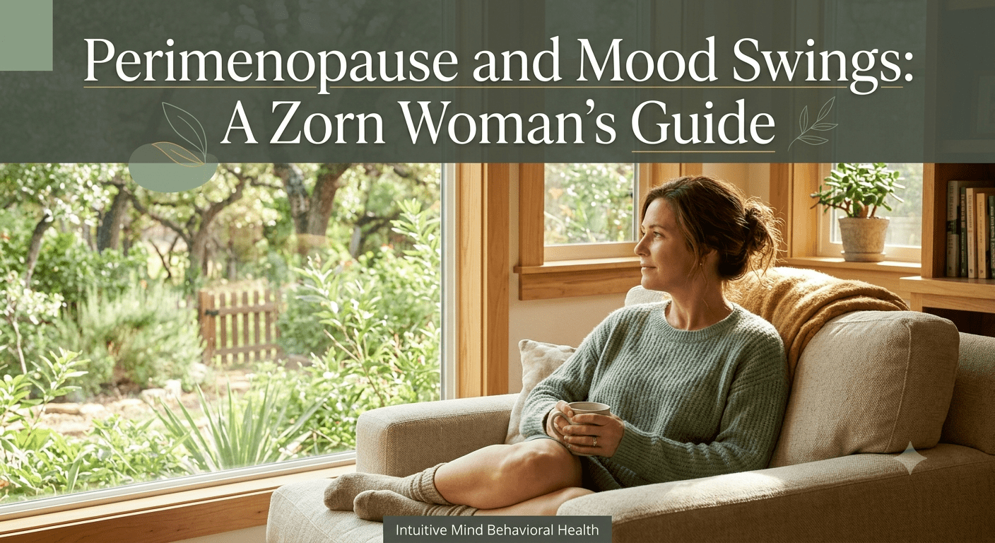 A candid, photorealistic photograph captures a comforting scene inside a home in Zorn, Texas. A woman in her mid-40s, with warm brown hair tied loosely, is resting on a plush armchair in a sun-drenched, bright room. She is looking out a large window into a lush green garden with a calm, peaceful expression. Soft, natural sunlight filters through the window, illuminating the room and creating a warm glow. She is wearing a soft, textured sage green knit sweater and warm socks, her hands gently resting on a mug in her lap. Text in the upper third, in clean, elegant white serif typography with small gold and green line-art leaf accents, reads: "Perimenopause and Mood Swings: A Zorn Woman's Guide". A small, subtle dark grey text bar at the bottom reads: "Intuitive Mind Behavioral Health". The visual atmosphere is built on soothing sage green, soft gold, and warm wood tones.