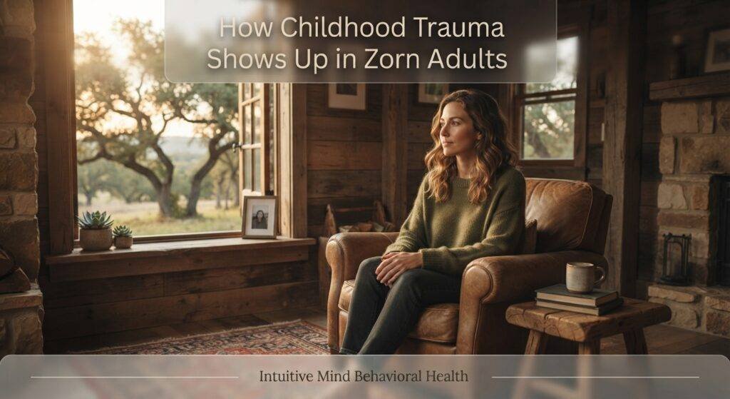A photorealistic image set in a rustic Central Texas home, featuring an adult woman sitting calmly in a leather armchair next to an open window during the early morning. She is looking out at an oak tree landscape with a peaceful expression, symbolizing personal healing. A translucent overlay banner in the upper third contains the modern text: "How Childhood Trauma Shows Up in Zorn Adults." A subtle footer banner at the bottom displays the text: "Intuitive Mind Behavioral Health."
