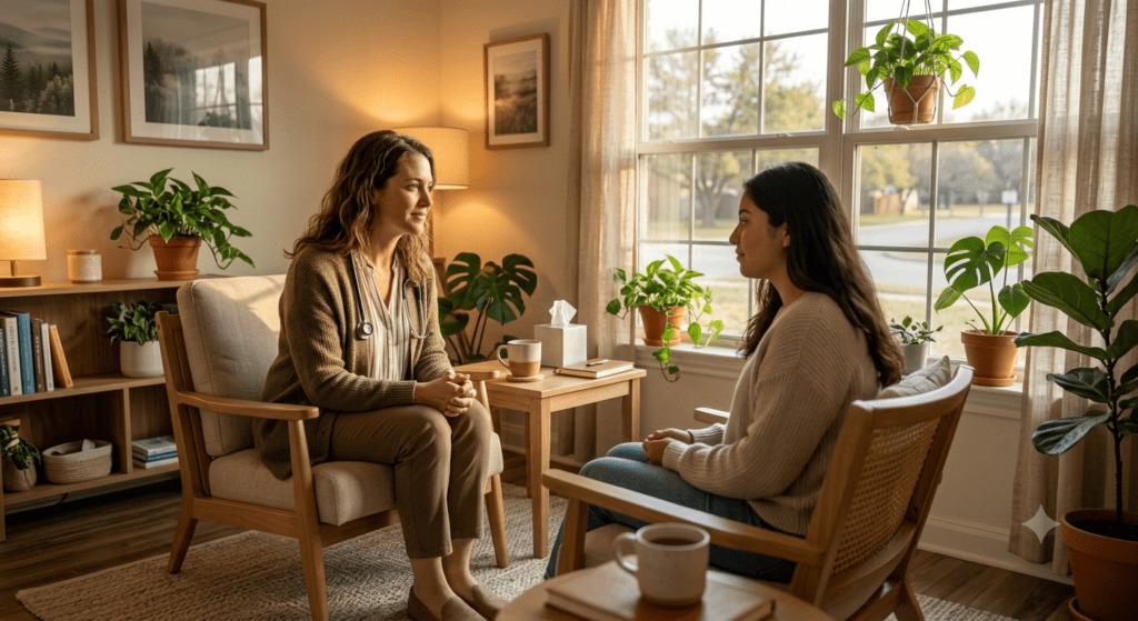 Trauma-informed psychiatric care Geronimo practitioner providing compassionate clinical assessment.