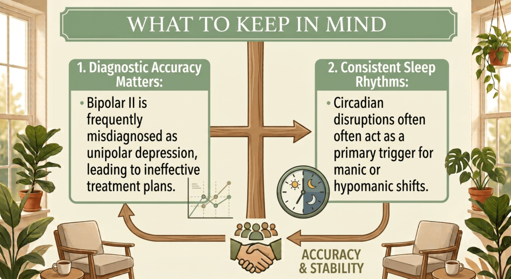 An informational digital graphic set in a sunlit room with multi-paned windows and numerous houseplants in terracotta pots, including Fiddle Leaf Figs and Monsteras. A top decorative banner reads "WHAT TO KEEP IN MIND". Two main illustrative panels are linked by a central decorative wooden pillar and various icons. The left panel, titled "1. Diagnostic Accuracy Matters:", includes bulleted text stating: "• Bipolar II is frequently misdiagnosed as unipolar depression, leading to ineffective treatment plans." The right panel, titled "2. Consistent Sleep Rhythms:", includes bulleted text stating: "• Circadian disruptions often often act as a primary trigger for manic or hypomanic shifts." (Note the literal repeat "often" in the graphic text). Icons between the panels depict a misaligned line graph with a red question mark and a 24-hour day/night clock. Feedback arrows link the entire graphic, leading to a central handshake icon with a group of people at the bottom, and the text "ACCURACY & STABILITY". The overall aesthetic uses a calming green, brown, cream, and terracotta color palette, with a professional yet illustrative feel.