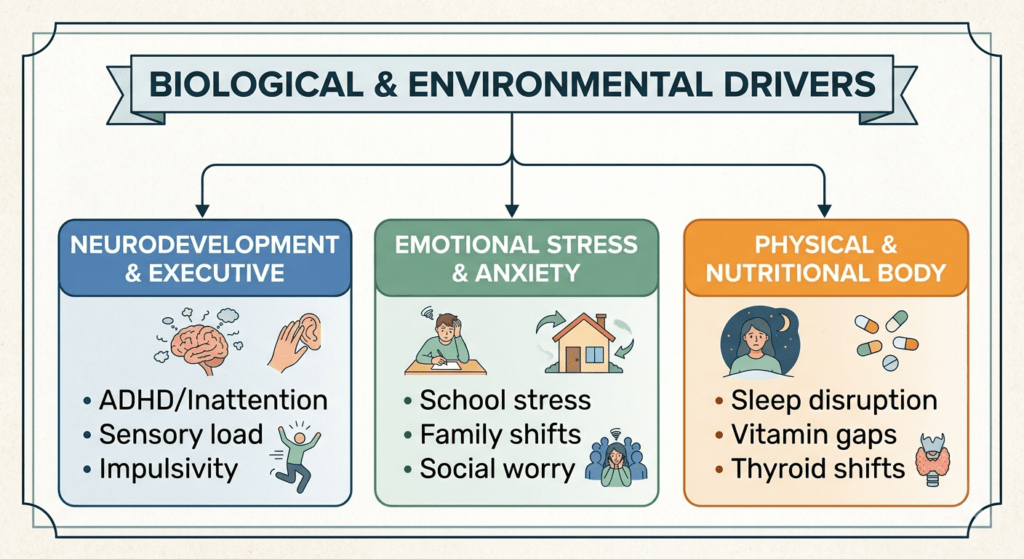 An educational flowchart titled "BIOLOGICAL & ENVIRONMENTAL DRIVERS" organized into three distinct color-coded panels detailing factors that influence behavior and well-being.The left blue panel, titled "NEURODEVELOPMENT & EXECUTIVE", features icons of a brain, listening ear, and active figure, with bullet points for "ADHD/Inattention", "Sensory load", and "Impulsivity".The middle green panel, titled "EMOTIONAL STRESS & ANXIETY", displays visuals of a student studying, a house with shifting arrows, and a person feeling social anxiety, with bullet points for "School stress", "Family shifts", and "Social worry".The right orange panel, titled "PHYSICAL & NUTRITIONAL BODY", includes illustrations for sleep deprivation, vitamin pills, and a thyroid gland, with bullet points for "Sleep disruption", "Vitamin gaps", and "Thyroid shifts".