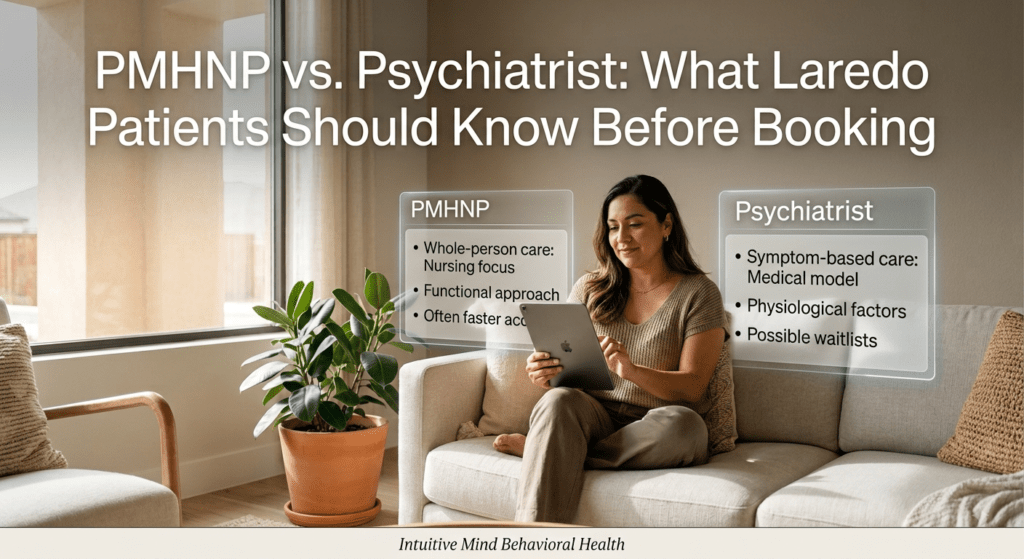 A mixed photorealistic and infographic image with a clean, modern style, set in a sunlit Laredo living room. At the top, a clean overlay reads: "PMHNP vs. Psychiatrist: What Laredo Patients Should Know Before Booking." A woman is comfortably consulting with a provider on a tablet. In the center, a large infographic chart details key differences. For PMHNP, points include "Whole-person care: Nursing focus," "Functional approach," and "Often faster access." For Psychiatrist, points include "Symptom-based care: Medical model," "Physiological factors," and "Possible waitlists." Smaller icons for each point are integrated into the chart. A stylized map of Texas is near Laredo. Below the chart, "Intuitive Mind Behavioral Health" is visible. The lighting is warm and natural.