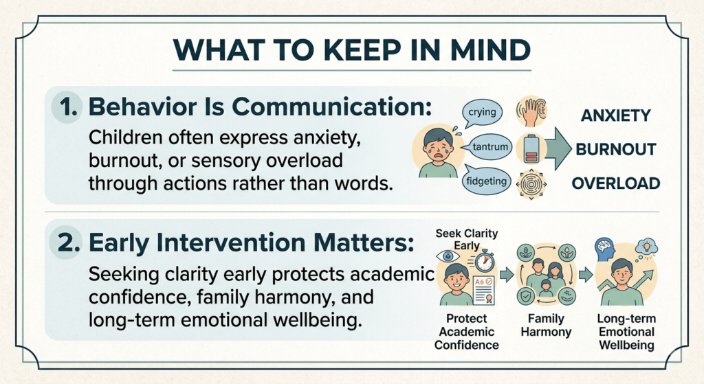 An educational info-card titled "WHAT TO KEEP IN MIND" outlining two core principles of child behavioral assessment.Point 1, "Behavior Is Communication," explains that children express emotional distress through actions. Accompanying visuals show a crying child with speech bubbles for "crying," "tantrum," and "fidgeting," leading to labels for ANXIETY, BURNOUT, and OVERLOAD.Point 2, "Early Intervention Matters," emphasizes that early clarity protects a child's academic confidence, family harmony, and long-term emotional well-being. A visual progression displays icons representing "Protect Academic Confidence" (a child with an A+ paper), "Family Harmony" (a supportive family circle), and "Long-term Emotional Wellbeing" (a confident child with an upward growth arrow).