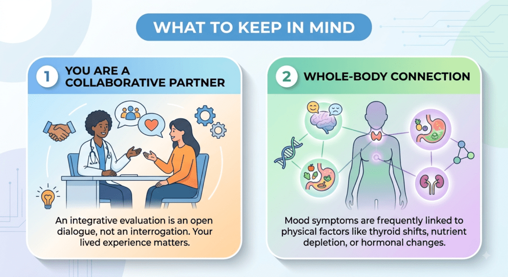 An infographic detailing two points for patients to remember. The title is "WHAT TO KEEP IN MIND." Point 1 is titled "YOU ARE A COLLABORATIVE PARTNER" and emphasizes that an integrative evaluation is an open dialogue where the patient's lived experience matters. It shows a doctor and patient talking. Point 2 is titled "WHOLE-BODY CONNECTION" and explains that mood symptoms are frequently linked to physical factors like thyroid shifts, nutrient depletion, or hormonal changes. It features a body silhouette connected to various biological systems.
