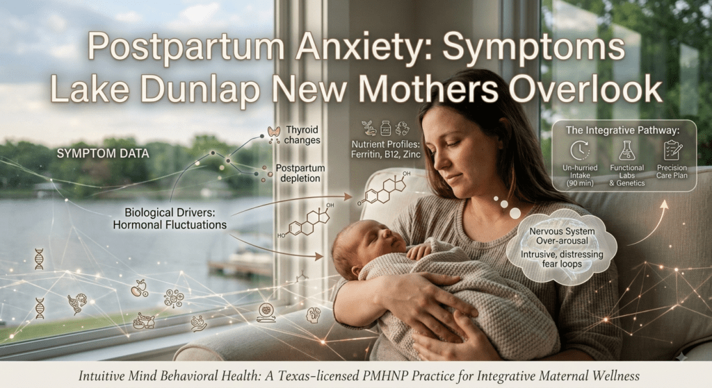 A blended photorealistic photograph and infographic image featuring a new mother sitting near a large window, cradling her sleeping newborn with a view of Lake Dunlap in the background. Header: Text at the top reads "Postpartum Anxiety: Symptoms Lake Dunlap New Mothers Overlook." Left Overlay: Displays "Biological Drivers" infographics, including graphs, molecular structures for hormone fluctuations, thyroid changes, and nutrient profiles (Ferritin, B12, Zinc). Right Overlay: Shows thought graphics for "Nervous System Over-arousal" and "Intrusive, distressing fear loops," alongside a three-step "Integrative Pathway" box outlining Un-hurried Intake (90 min), Functional Labs & Genetics, and Precision Care Plan. Footer: A subtle text bar at the bottom reads "Intuitive Mind Behavioral Health: A Texas-licensed PMHNP Practice for Integrative Maternal Wellness."