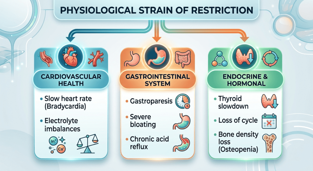 An infographic illustrating the physical effects of restrictive eating, titled "PHYSIOLOGICAL STRAIN OF RESTRICTION." It is a flowchart with three main columns linked by arrows from the central title. The left column, "CARDIOVASCULAR HEALTH," features icons of a heart and vessels. Its text lists "Slow heart rate (Bradycardia)" and "Electrolyte imbalances," shown with icons of atoms and a balance scale. The middle column, "GASTROINTESTINAL SYSTEM," features icons of a stomach and intestines. Its text lists "Gastroparesis" (with a clock icon), "Severe bloating" (with a swollen stomach icon), and "Chronic acid reflux" (with a refluxing stomach icon). The right column, "ENDOCRINE & HORMONAL," features icons of a thyroid gland and molecules. Its text lists "Thyroid slowdown" (with a low-functioning thyroid icon), "Loss of cycle" (with a missed calendar icon), and "Bone density loss (Osteopenia)" (with a porous bone icon).