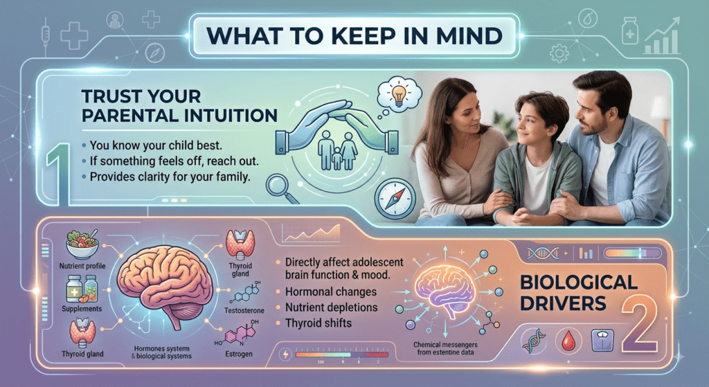 A modern hybrid infographic titled "WHAT TO KEEP IN MIND," split into two numbered key points:Section 1: Trust Your Parental Intuition: Features a warm photo of two smiling parents sitting on a couch with their teenage son. Bullet points emphasize that parents know their child best, should reach out if something feels off, and that professional guidance brings clarity.Section 2: Biological Drivers: Features a diagram of a human brain surrounded by biological icons representing nutrient profiles, supplements, the thyroid gland, and hormone molecules (estrogen and testosterone). Bullet points state that biological drivers directly affect adolescent brain function and mood, including hormonal changes, nutrient depletions, and thyroid shifts.
