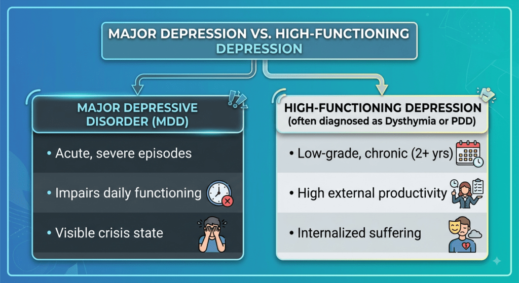 A visual comparison chart titled "Major Depression vs. High-Functioning Depression". The top box branches into two side-by-side categories:Major Depressive Disorder (MDD) (left side): Listed in a dark panel, featuring bullet points describing acute, severe episodes; impaired daily functioning; and a visible crisis state.High-Functioning Depression (often diagnosed as Dysthymia or PDD) (right side): Listed in a light panel, featuring bullet points describing low-grade, chronic symptoms lasting 2+ years; high external productivity; and internalized suffering.