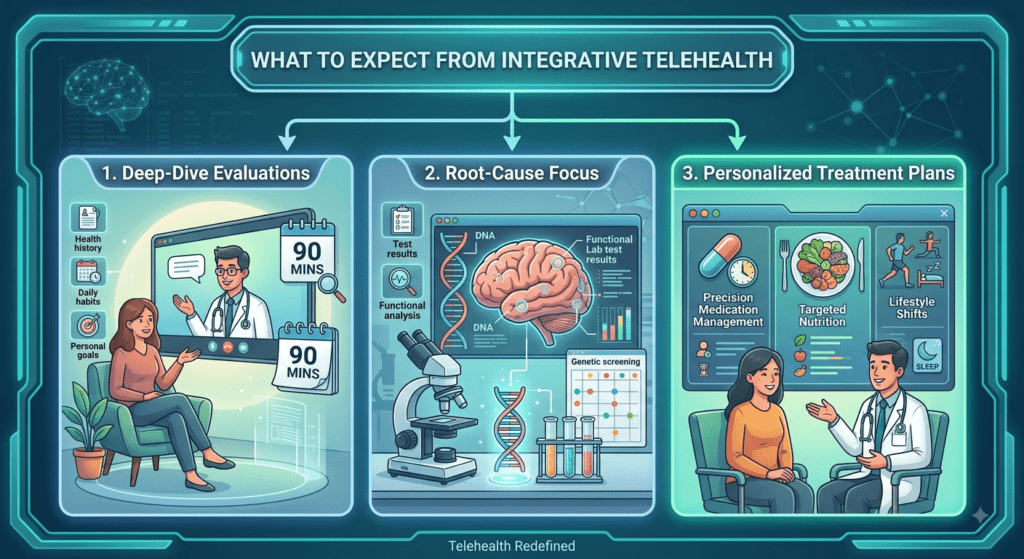 A medical infographic titled "WHAT TO EXPECT FROM INTEGRATIVE TELEHEALTH" with a glowing teal digital UI border. The graphic features three main columns with illustrations and bullet points:Column 1, "Deep-Dive Evaluations": Features a patient and doctor on separate 90-minute virtual screens, surrounded by icons for health history, daily habits, and personal goals.Column 2, "Root-Cause Focus": Shows a detailed diagram of a human brain on a computer screen, linked to a double helix DNA strand, test results, a microscope, functional analysis, and a genetic screening chart.Column 3, "Personalized Treatment Plans": Depicts a doctor and patient in consultation, with medical and lifestyle icons for Precision Medication Management (pills and a clock), Targeted Nutrition (a healthy food plate), and Lifestyle Shifts (exercise and sleep).The overall style uses clean lines, an educational layout, and a blue and teal color scheme with bright glowing accents, consistent with the futuristic-digital theme of the source image.