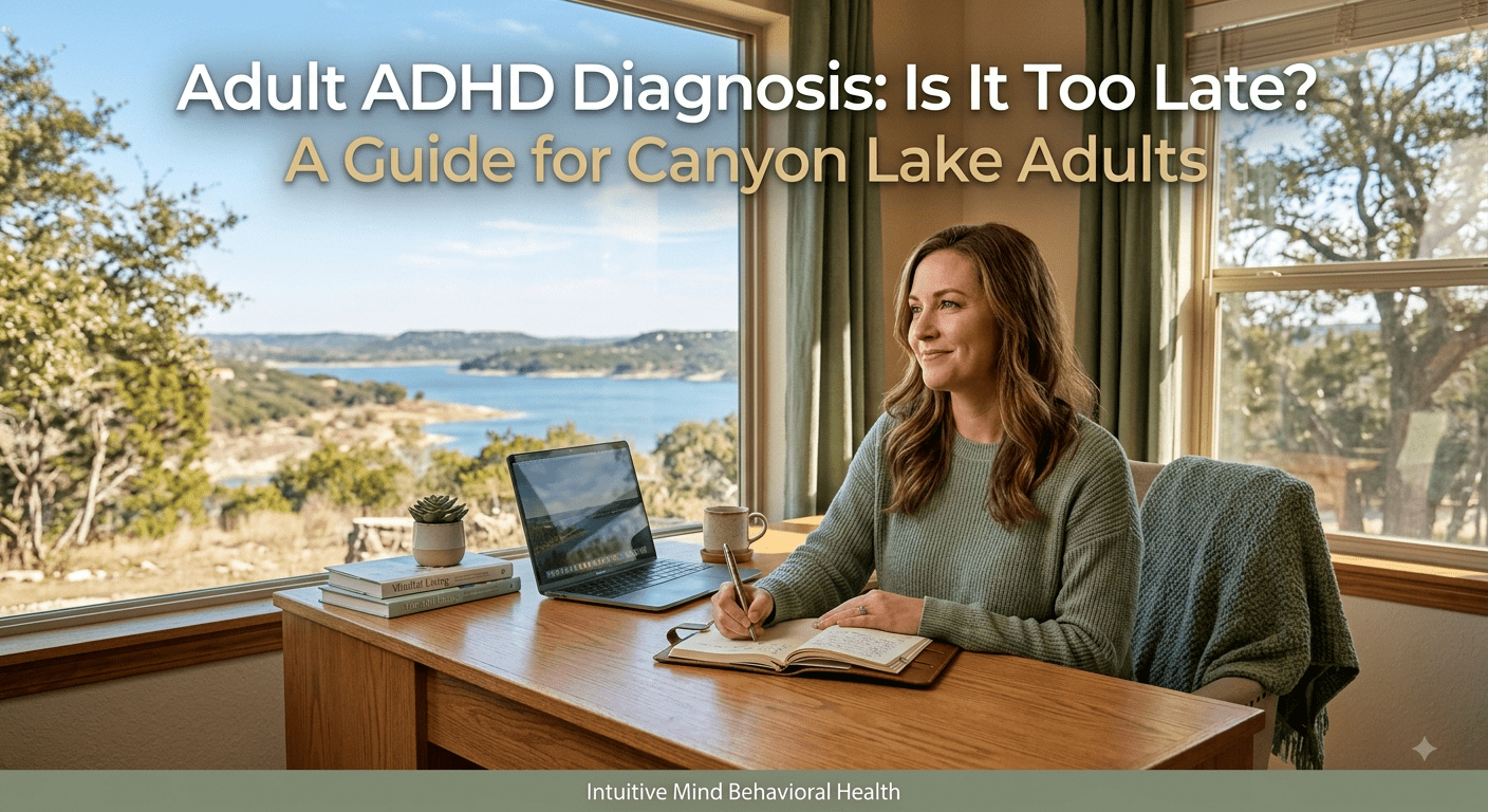 Featured banner image for an adult ADHD guide. A woman in her late 30s wearing a sage green sweater sits calmly at an organized wooden desk in a bright, sunlit room. She is thoughtfully holding a pen and writing in a journal. On the desk are a laptop, a warm mug, a small potted succulent, and a stack of books. Large windows offer a scenic view of the rolling hills and blue waters of Canyon Lake, Texas. Clean overlay text at the top reads "Adult ADHD Diagnosis: Is It Too Late? A Guide for Canyon Lake Adults", and a small footer at the bottom reads "Intuitive Mind Behavioral Health".