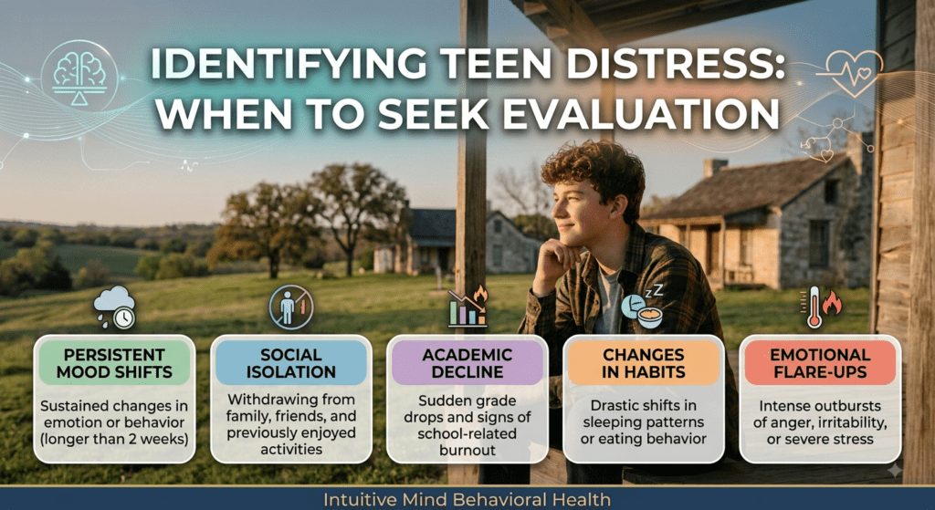A featured graphic set against a scenic, sunlit porch in a rural Central Texas town. A teenage boy sits thoughtfully in the background. The main title overlay at the top reads "IDENTIFYING TEEN DISTRESS: WHEN TO SEEK EVALUATION." Across the bottom, five color-coded text boxes with matching icons detail the 5 warning signs: Persistent Mood Shifts: Sustained changes in emotion or behavior (longer than 2 weeks). Social Isolation: Withdrawing from family, friends, and previously enjoyed activities. Academic Decline: Sudden grade drops and signs of school-related burnout. Changes in Habits: Drastic shifts in sleeping patterns or eating behavior. Emotional Flare-Ups: Intense outbursts of anger, irritability, or severe stress. A subtle footer displays "Intuitive Mind Behavioral Health."