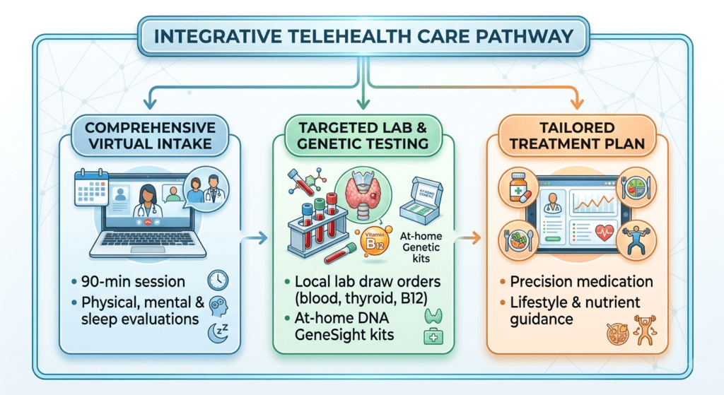 A medical pathway flowchart titled "INTEGRATIVE TELEHEALTH CARE PATHWAY" across the top, showing three sequential steps connected by arrows.Left Panel (COMPREHENSIVE VIRTUAL INTAKE): Illustrated in blue, depicting a laptop screen displaying a telehealth video consultation alongside calendar, clock, brain, and sleep icons. Bullet points list "90-min session" and "Physical, mental & sleep evaluations."Middle Panel (TARGETED LAB & GENETIC TESTING): Illustrated in green, depicting blood vials in a rack, a thyroid gland diagram, a Vitamin B12 marker, and an at-home genetic kit box. Bullet points list "Local lab draw orders (blood, thyroid, B12)" and "At-home DNA GeneSight kits."Right Panel (TAILORED TREATMENT PLAN): Illustrated in warm orange, depicting a digital portal dashboard surrounded by medication bottle, healthy meal, and exercise icons. Bullet points list "Precision medication" and "Lifestyle & nutrient guidance."