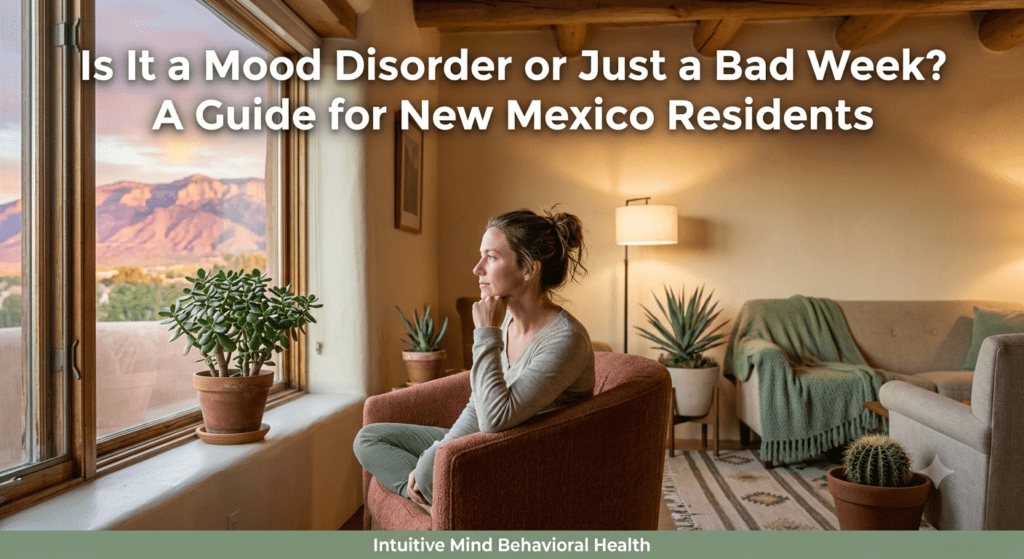Telehealth psychiatry New Mexico guide illustrating an individual reflecting in a calm home setting.