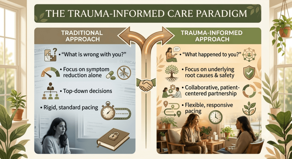 A side-by-side comparison graphic titled "THE TRAUMA-INFORMED CARE PARADIGM" in a top header banner. Set against a warm, sunlit interior background with houseplants in terracotta pots, the image contrasts two approaches using calming sage green, cream, and soft brown tones: Left Panel ("TRADITIONAL APPROACH"): Features a cool grey/muted backdrop outlining four bullet points with simple icons: "What is wrong with you?" (puzzle icon) Focus on symptom reduction alone (gauge and pill icon) Top-down decisions (organizational chart icon) Rigid, standard pacing (stopwatch icon) At the bottom left, a woman sits looking down in a cold, dim setting. Right Panel ("TRAUMA-INFORMED APPROACH"): Features a warm cream and sage green backdrop with four corresponding bullet points and organic icons: "What happened to you?" (speech bubble and community icon) Focus on underlying root causes & safety (tree and shield icon) Collaborative, patient-centered partnership (handshake/gears icon) Flexible, responsive pacing (sprout and clock icon) At the bottom right, a warm, realistic photograph shows a compassionate clinician and patient sitting in comfy armchairs, conversing in a bright, cozy office filled with plants.