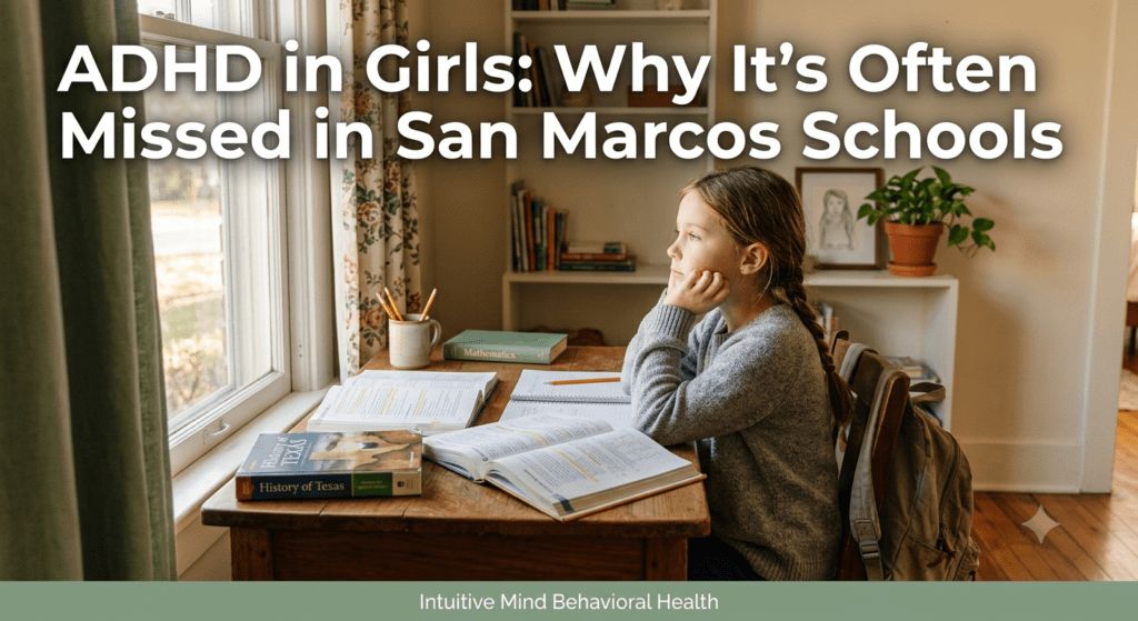 ADHD evaluation New Braunfels guide showing a young girl studying at a wooden desk in natural light.