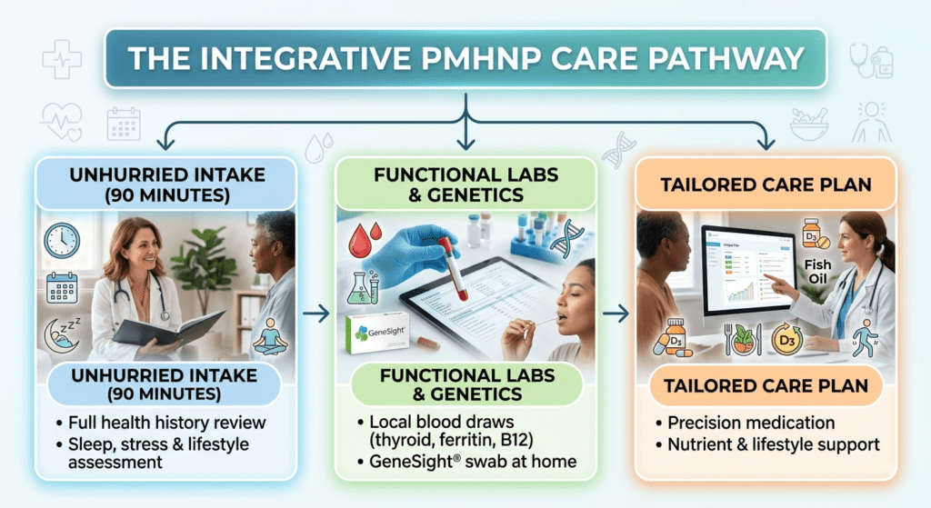 An infographic detailing the three stages of integrative PMHNP care. Under the header "THE INTEGRATIVE PMHNP CARE PATHWAY," a vertical structure branches into three side-by-side illustrated sections."UNHURRIED INTAKE (90 MINUTES)" on the left, with an illustration of a doctor and patient consulting. Lists "Full health history review" and "Sleep, stress & lifestyle assessment.""FUNCTIONAL LABS & GENETICS" in the center, illustrating lab equipment and a patient swabbing. Lists "Local blood draws (thyroid, ferritin, B12)" and "GeneSight® swab at home.""TAILORED CARE PLAN" on the right, showing a nurse pointing to data on a screen and supplements. Lists "Precision medication" and "Nutrient & lifestyle support." Arrows link the three steps.