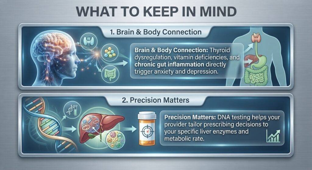 A professional medical infographic titled "WHAT TO KEEP IN MIND" set against a brushed metallic background. The image is divided into two stacked, glowing blue-framed sections.Top Section (Brain & Body Connection): On the left, a photorealistic profile of a human head with glowing neural pathways from the brain. On the right, an anatomical illustration of the torso showing the thyroid, liver, and intestines. Arrows connect the body organs to the brain's neural network. A translucent overlay text box reads: "Brain & Body Connection: Thyroid dysregulation, vitamin deficiencies, and chronic gut inflammation directly trigger anxiety and depression."Bottom Section (Precision Matters): On the left, a detailed illustration of a DNA double helix leading into an anatomical liver with microscopic enzyme views. On the right, a prescription pill bottle with a target reticle. A matching translucent text box reads: "Precision Matters: DNA testing helps your provider tailor prescribing decisions to your specific liver enzymes and metabolic rate." A small bar graph icon is at the bottom right.