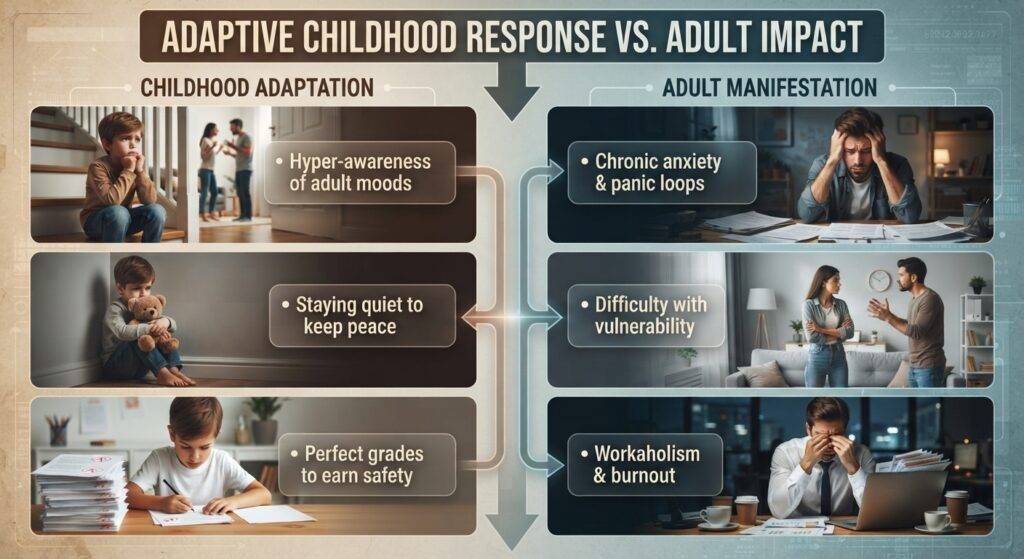 A photorealistic infographic comparing childhood coping mechanisms with their corresponding adult manifestations. The layout is split vertically: the left side displays three childhood adaptation scenarios (a child watching arguing parents with text for hyper-awareness, a child sitting quietly alone with a teddy bear, and a child intensely focused on schoolwork under a stack of papers) paired with frosted-glass text boxes. The right side displays three adult impact scenarios (an overwhelmed adult stressed over paperwork, a couple struggling with communication, and an exhausted professional experiencing burnout at a desk late at night) with matching text overlays. Glowing infographic connecting lines map the transition from childhood responses to adult outcomes.