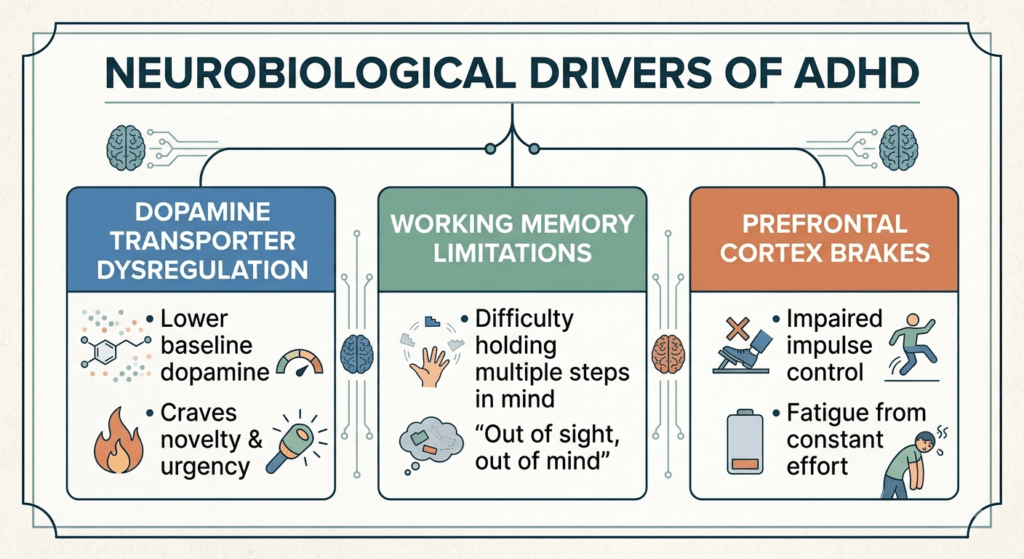 A conceptual educational diagram titled "NEUROBIOLOGICAL DRIVERS OF ADHD," presented as an informational card with distinct colored sections. The diagram features stylized brain and circuit icons, connecting to three detailed panels.The first panel, labeled "DOPAMINE TRANSPORTER DYSREGULATION," has bullet points and small icons for "Lower baseline dopamine" (with a molecule and low gauge) and "Craves novelty & urgency" (with a flame and novelty object).The second panel, labeled "WORKING MEMORY LIMITATIONS," details "Difficulty holding multiple steps in mind" (with juggling hands and falling objects) and ""Out of sight, out of mind"" (with a fading thought cloud).The third panel, labeled "PREFRONTAL CORTEX BRAKES," lists "Impaired impulse control" (with a broken brake pedal and a person jumping without stopping) and "Fatigue from constant effort" (with a low battery icon and a tired person straining).The entire image uses clean graphics, subtle icons, a warm off-white background with a textured border, and a professional layout, resembling a technical educational guide.