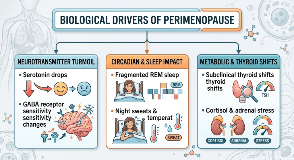 A framed informational medical flowchart, contained within a backlit metal and glass display on a textured concrete wall. The top header reads "BIOLOGICAL DRIVERS OF PERIMENOPAUSE." Arrows point to three distinct colored panels below. The left blue panel is titled "NEUROTRANSMITTER TURMOIL," with bullet points and icons for "Serotonin drops" (depicted by emojis and red arrows) and "GABA receptor sensitivity changes" (shown by illustrations of a brain with lightning bolts and y-shaped receptors). The center orange panel is titled "CIRCADIAN & SLEEP IMPACT," illustrating a person experiencing fragmented REM sleep and a second person with sweat droplets, titled "Night sweats & temperature." The right teal panel is titled "METABOLIC & THYROID SHIFTS," with detailed illustrations of a thyroid gland with a magnifying glass and gauges labeled "TSH," and another set of adrenal and cortisol-related illustrations with gauges and labels "CORTISOL," "ADRENAL," and "STRESS." Faint anatomical drawings of a human torso and a cellular nucleus are visible in the top corners of the display background.