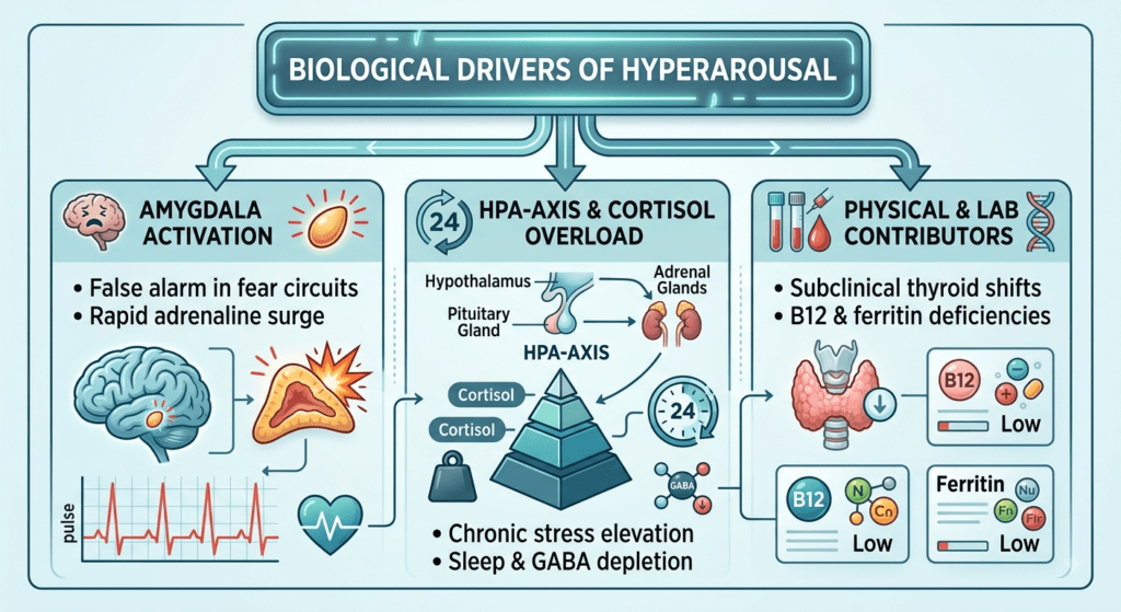 A medical infographic titled "BIOLOGICAL DRIVERS OF HYPERAROUSAL" across the top. Below the title, the chart is organized into three distinct, illustrated columns detailing physiological processes.The left column, "AMYGDALA ACTIVATION," features a diagram of a brain, a glowing amygdala, a heart rate pulse graph with high peaks, and a heartbeat icon. Bullet points list "False alarm in fear circuits" and "Rapid adrenaline surge."The center column, "HPA-AXIS & CORTISOL OVERLOAD," includes diagrams of the Hypothalamus, Pituitary Gland, and Adrenal Glands, a 24-hour clock icon showing sleep disruption, a weighted block, a stack of large blocks representing high cortisol, and a small GABA symbol. Bullet points list "Chronic stress elevation" and "Sleep & GABA depletion."The right column, "PHYSICAL & LAB CONTRIBUTORS," depicts test tubes, a blood draw, a DNA helix, a thyroid gland diagram with low markers, and lab test panels showing low levels for both Vitamin B12 and Ferritin. Bullet points list "Subclinical thyroid shifts" and "B12 & ferritin deficiencies."The overall style uses clean lines, an educational layout, and a blue and teal color scheme with glowing accents.