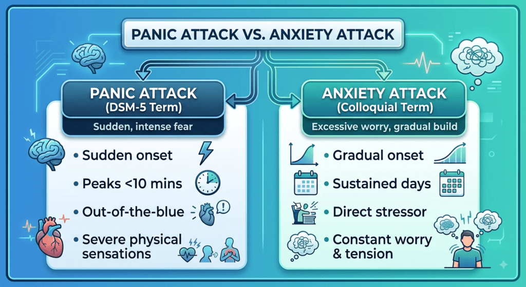 A medical comparison infographic titled "Panic Attack vs. Anxiety Attack," presented in a modern blue and green digital style. The chart branches into two detailed panels with illustrative icons.The left panel (Dark Blue, with lightning bolt and heart icons), titled "Panic Attack (DSM-5 Term): Sudden, intense fear," lists key characteristics: Sudden onset; Peaks <10 mins; Out-of-the-blue; Severe physical sensations. A brain with a lightning strike and an erratic heartbeat are pictured.The right panel (Light Green, with graph and calendar icons), titled "Anxiety Attack (Colloquial Term): Excessive worry, gradual build," lists characteristics: Gradual onset; Sustained days; Direct stressor; Constant worry & tension. A growing graph, a person at a stressful desk, and an individual feeling intense tension and multiple worries are pictured.
