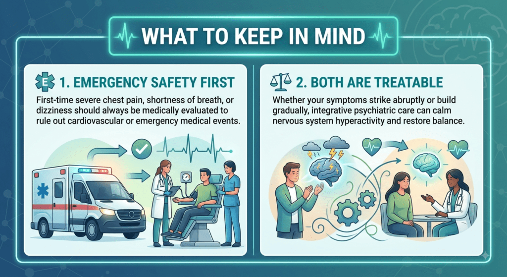 A medical infographic titled "WHAT TO KEEP IN MIND" set in a glowing teal frame, split into two side-by-side panels.Left Panel (1. EMERGENCY SAFETY FIRST): Features text instructing that first-time severe chest pain, shortness of breath, or dizziness should be medically evaluated. Below the text is an illustration showing an ambulance and medical staff performing a health check on a patient in a clinic setting.Right Panel (2. BOTH ARE TREATABLE): Features text explaining that integrative psychiatric care can calm nervous system hyperactivity and restore balance whether symptoms build gradually or strike abruptly. Below the text is an illustration depicting a person moving from a state of mental distress (stormy brain icon) into a supportive therapy setting with a healthcare provider, leading to a calm, glowing brain and restored balance.