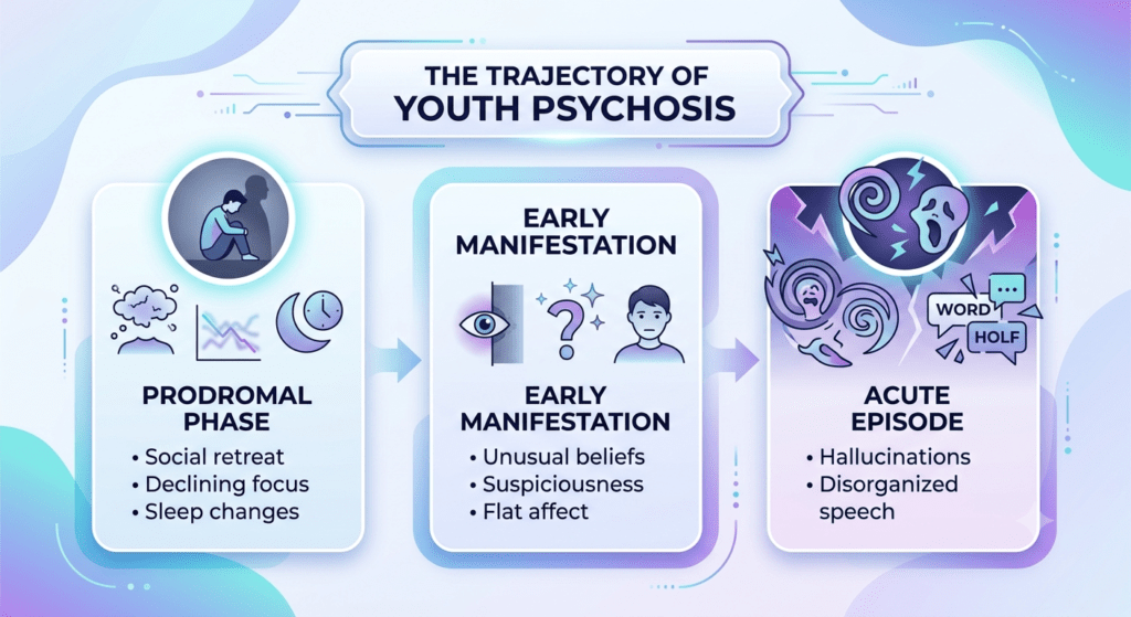 An infographic flowchart titled "The Trajectory of Youth Psychosis" illustrating the three progression stages from left to right:Prodromal Phase: Features icons for social isolation, declining performance, and sleep disruption, with bullet points listing social retreat, declining focus, and sleep changes.Early Manifestation: Features icons for unusual perceptions and flat expression, with bullet points listing unusual beliefs, suspiciousness, and flat affect.Acute Episode: Features icons representing visual/auditory hallucinations and fragmented communication, with bullet points listing hallucinations and disorganized speech.