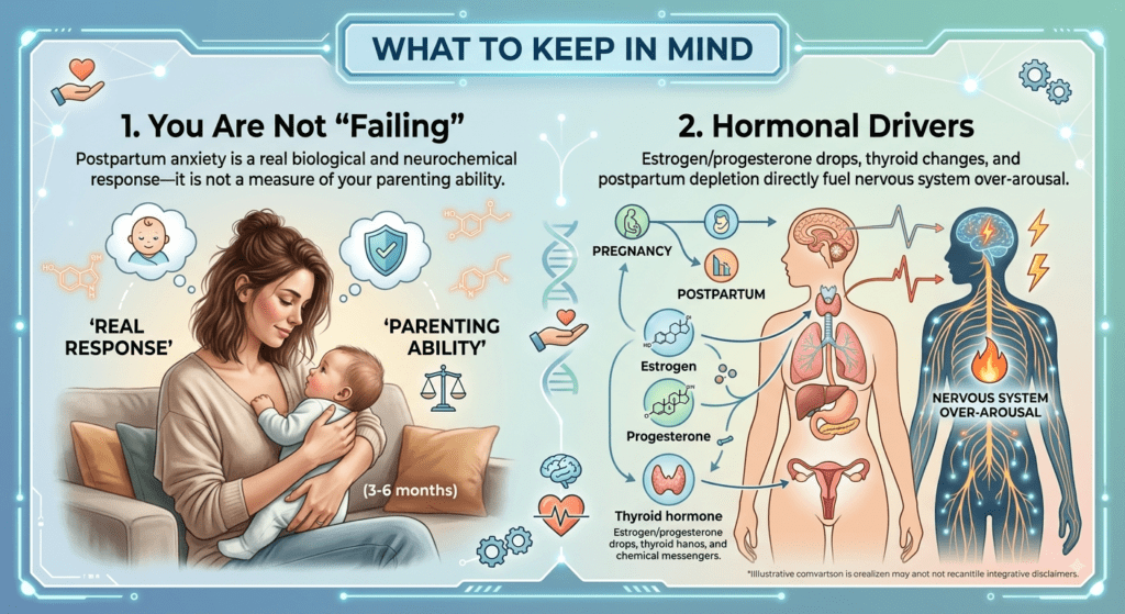 A mixed photorealistic and illustrative infographic titled "WHAT TO KEEP IN MIND," divided into two numbered informational panels:Panel 1: "You Are Not 'Failing'" features a photograph of a mother embracing a baby. Floating icons represent biological and neurochemical concepts. Text states: "Postpartum anxiety is a real biological and neurochemical response—it is not a measure of your parenting ability." Bullet points break down "REAL RESPONSE" (Neurotransmitters like Serotonin, Dopamine) and "PARENTING ABILITY" (bonding, caregiving).Panel 2: "Hormonal Drivers" displays two illustrative diagrams of a human female torso focused on the brain, thyroid, and reproductive systems, showing the body in 'PREGNANCY' (high levels) versus 'POSTPARTUM' (falling levels). A third full-body illustration with glowing neural pathways is labeled "NERVOUS SYSTEM OVER-AROUSAL" with a lightning bolt icon. Text states: "Estrogen/progesterone drops, thyroid changes, and postpartum depletion directly fuel nervous system over-arousal." Icons represent hormones like Estrogen, Progesterone, and Thyroid hormone with flow lines and chemical structures.