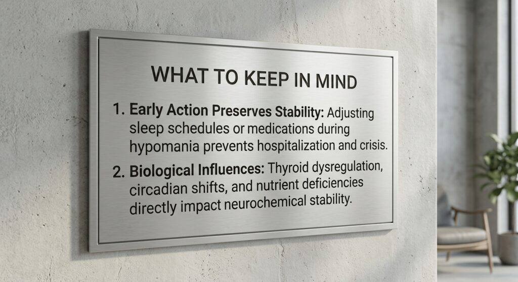 A metal plaque mounted on a concrete wall displaying text titled "WHAT TO KEEP IN MIND." The text lists two points: 1. Early Action Preserves Stability: Adjusting sleep schedules or medications during hypomania prevents hospitalization and crisis. 2. Biological Influences: Thyroid dysregulation, circadian shifts, and nutrient deficiencies directly impact neurochemical stability.