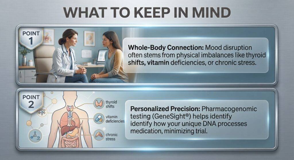 A professional medical infographic panel titled "WHAT TO KEEP IN MIND," set against a brushed metallic background. The image is divided into two stacked sections within glowing blue frames.Top Section (POINT 1): Features a high-quality photorealistic illustration of a compassionate female physician sitting knee-to-knee with a female patient in a consulting room. To the right, a translucent text overlay reads: "Whole-Body Connection: Mood disruption often stems from physical imbalances like thyroid shifts, vitamin deficiencies, or chronic stress."Bottom Section (POINT 2): Features a diagram of the human torso showing major internal organs. To the left of the organs, a branching network of yellow lines connects to three distinct, labeled icons: "thyroid shifts," "vitamin deficiencies," and "chronic stress." To the right, a matching translucent text overlay reads: "Personalized Precision: Pharmacogenomic testing (GeneSight®) helps identify how your unique DNA processes medication, minimizing trial."