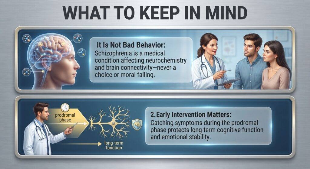 A professional medical infographic titled "WHAT TO KEEP IN MIND," set against a brushed metallic background with two stacked, glowing blue-framed sections.Top Section (Point 1): On the left, an illustration of a human head profile with a glowing, semi-transparent brain showing neural pathways and neurotransmitter molecules. In the center, a translucent overlay text box reads: "It Is Not Bad Behavior: Schizophrenia is a medical condition affecting neurochemistry and brain connectivity—never a choice or moral failing." On the right, a photorealistic illustration of a female doctor consulting with a young adult couple.Bottom Section (Point 2): On the left, an illustration of a male physician pointing toward a graphic timeline labeled "prodromal phase" leading to a branching nerve cell ("long-term function") protected by a brain shield icon. On the right, a matching translucent text box reads: "2. Early Intervention Matters: Catching symptoms during the prodromal phase protects long-term cognitive function and emotional stability."