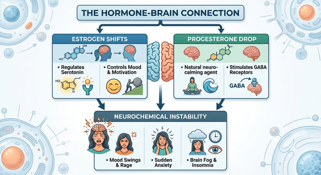 A detailed educational flowchart diagram titled "THE HORMONE-BRAIN CONNECTION" is centered between illustrations of biological cells. The chart has two primary branches pointing downwards from the title.