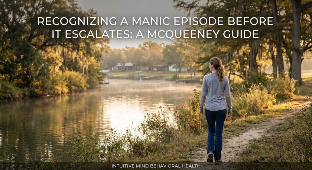A woman in athletic wear walks along a dirt path bordering a tranquil river during the golden hour of early morning, symbolizing a calm and stable mind. The landscape features mature oak trees with Spanish moss and a few houses in the distance. The text "RECOGNIZING A MANIC EPISODE BEFORE IT ESCALATES: A MCQUEENEY GUIDE" is overlaid at the top in white, and "INTUITIVE MIND BEHAVIORAL HEALTH" is at the bottom.